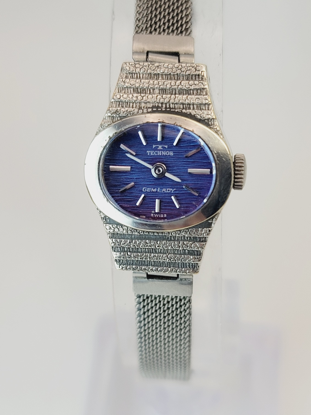 Vintage Technos Gem Lady Swiss Mechanical Watch Blue Dial Hand Wind 20mm